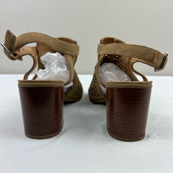 Franco Sarto Harlet 3 Block Heel Peep Toe Sandal sz 10 Suede Leather Taupe Beige - Picture 5 of 10